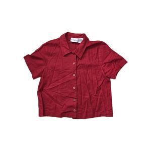 Studio Ease Red Linen Blend Button Front Blouse Size 10 Short Sleeve Cropped GUC
